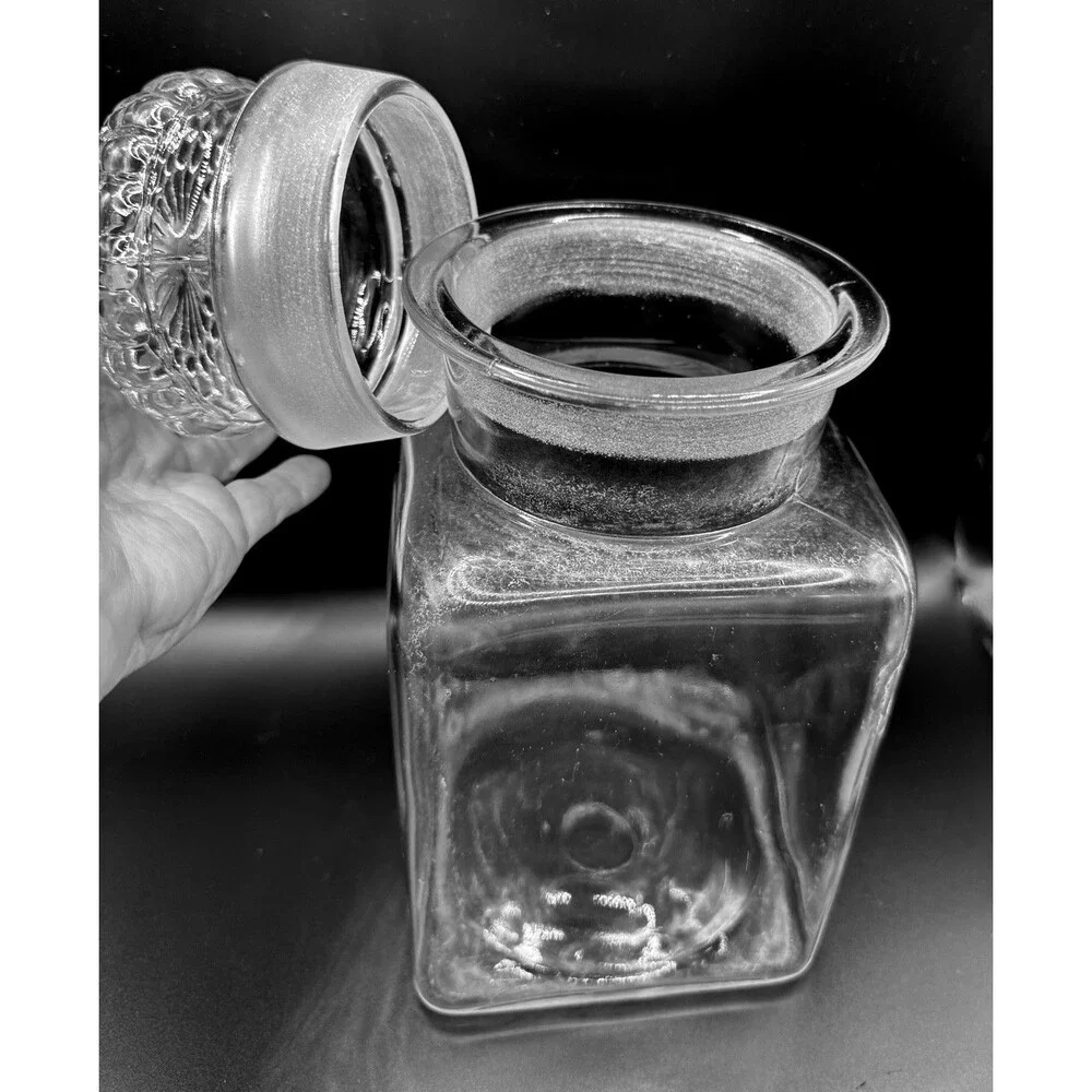 Vintage Square Clear Glass Apothecary Canister w/Decorative Floral Stopper 2 Qt